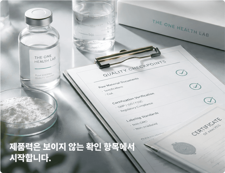원료 문서, 인증 확인, 표시 기준을 확인하는 더원헬스랩 품질 체크포인트 이미지